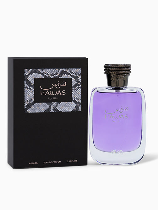 Perfume bottle and packaging of 'Hawas' on a white background