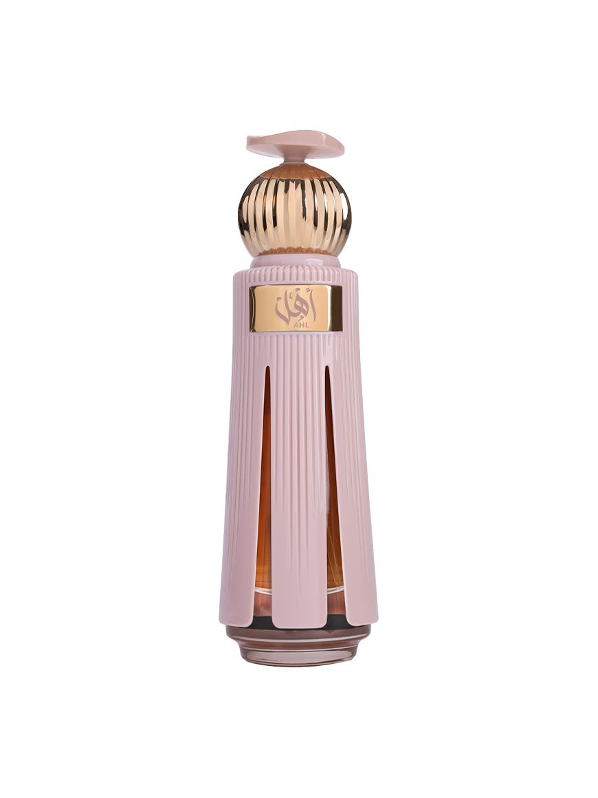 AHL Pink perfume bottle with gold cap on a white background