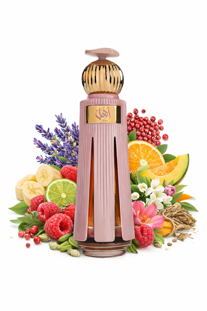 AHL Perfume bottle with floral and fruit decorations on a white background