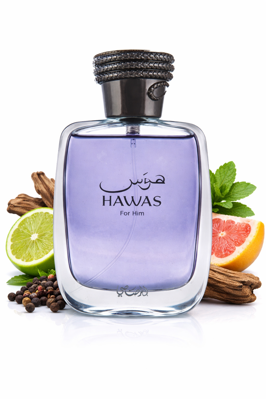 Perfume bottle labeled 'Hawas' with spices and fruits on a white background
