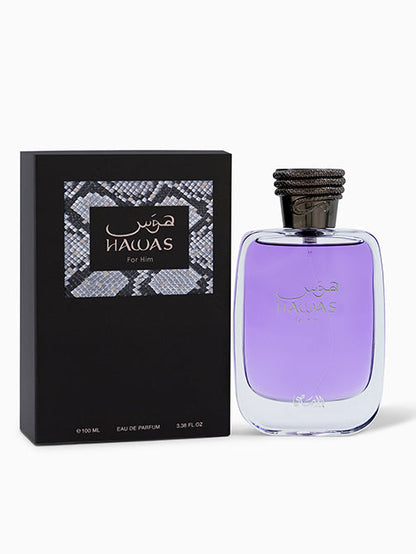 Perfume bottle and packaging of 'Hawas' on a white background