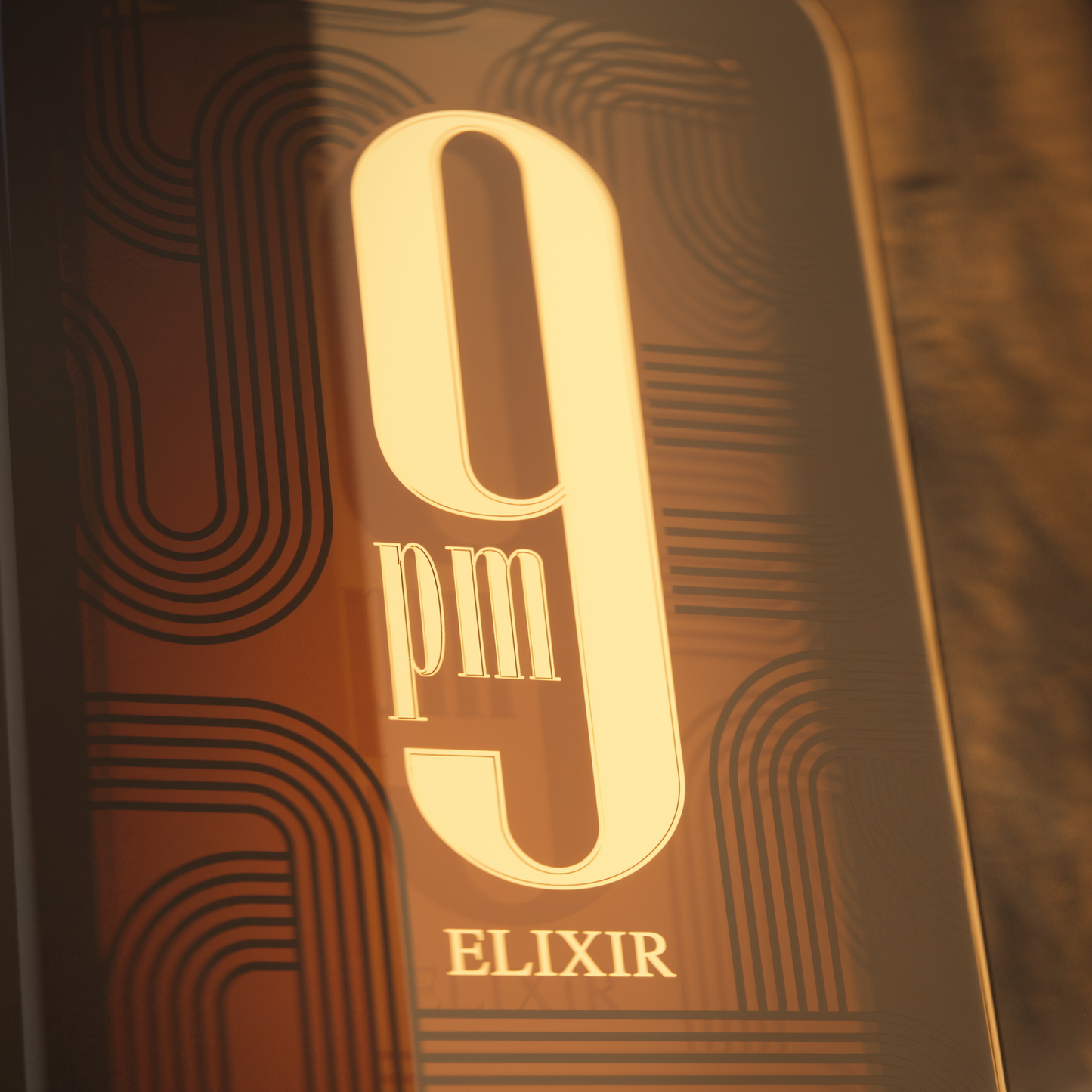 Close-up of a bottle labeled '9 pm Elixir' with a gold number '9' on a dark background.
