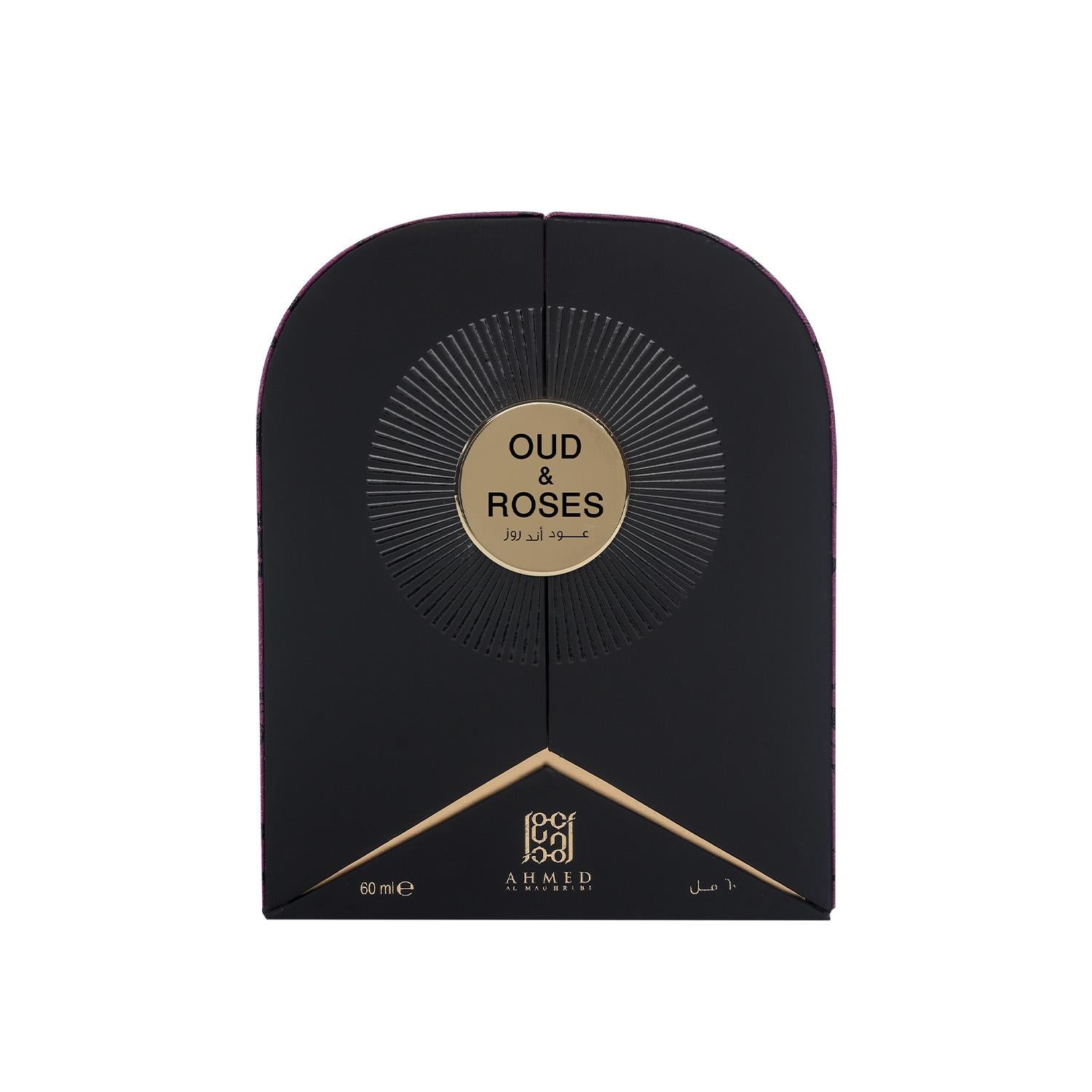 Black and gold packaging of Oud & Roses perfume on a white background