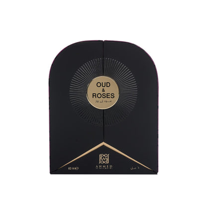 Black and gold packaging of Oud & Roses perfume on a white background