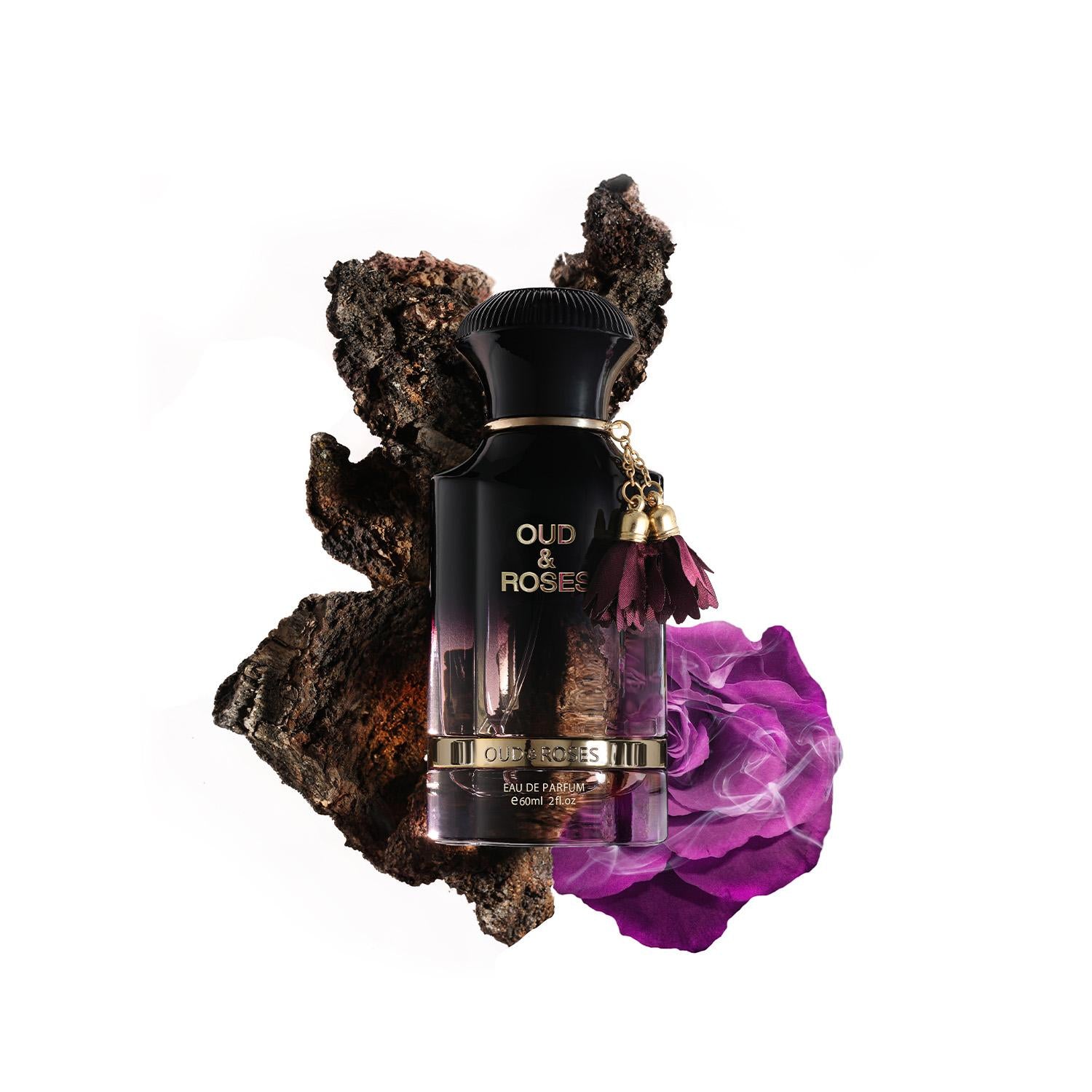 Perfume bottle labeled 'Oud & Rosee' with decorative elements on a white background