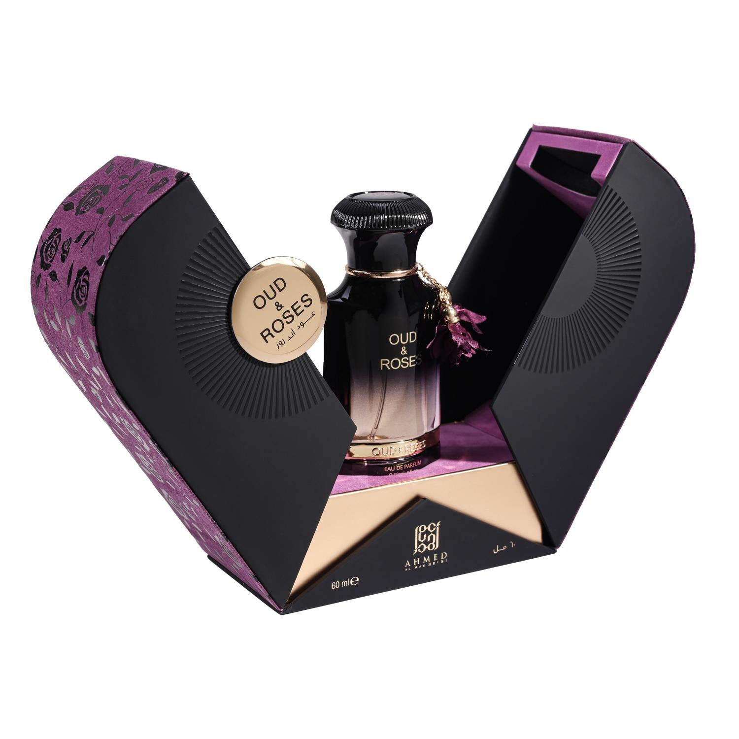Perfume bottle with 'Oud & Roses' packaging on a white background